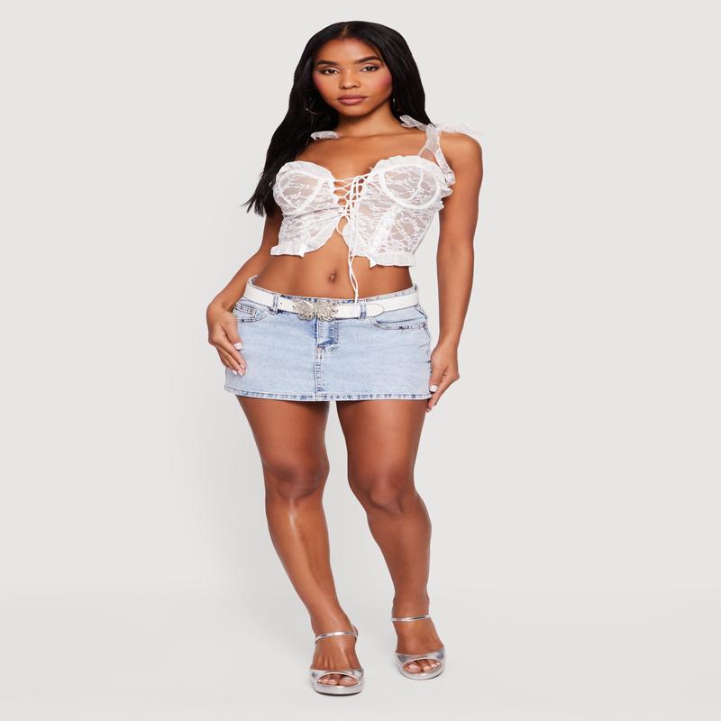 Floral Lace Up Front Tie Strap Cropped Corset Top