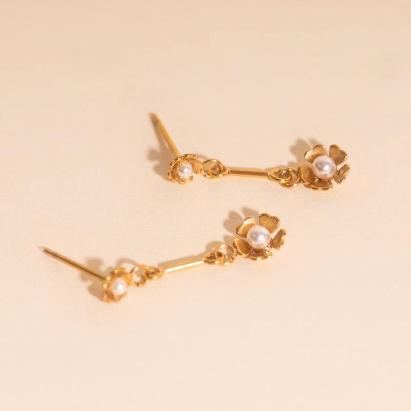 Pearl Flower Dangle Stud Earrings