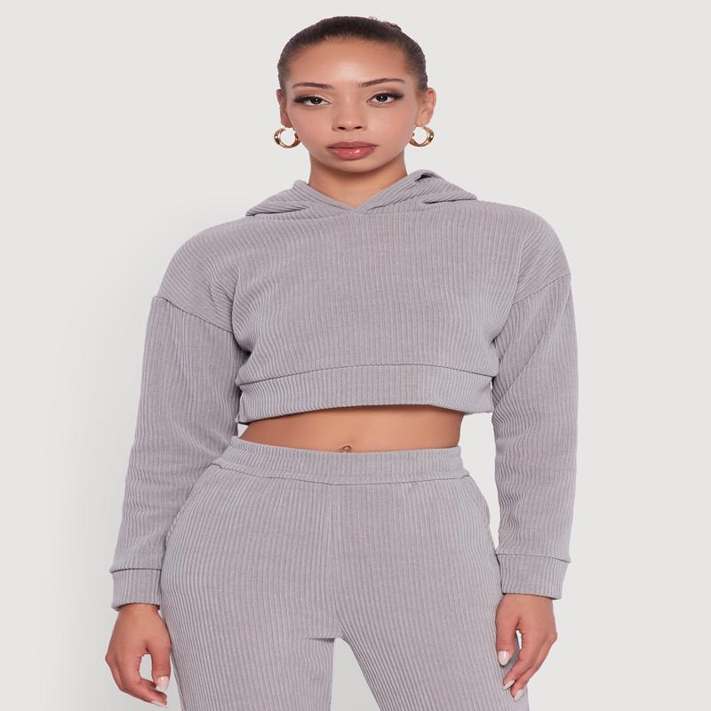 Ribbed Knit Long Sleeve Hooded Crop Top