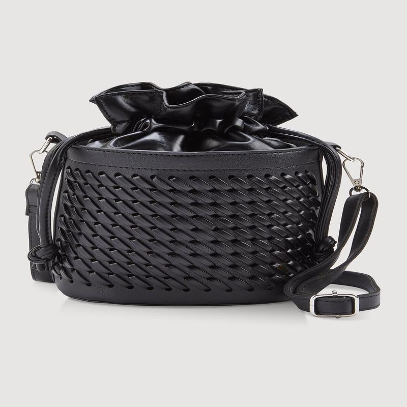 Woven Faux Leather Crossbody Bucket Bag