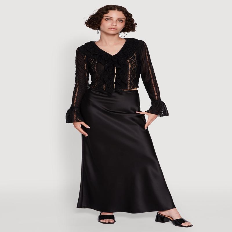 Lace V-Neck Bell Sleeve Button Front Blouse