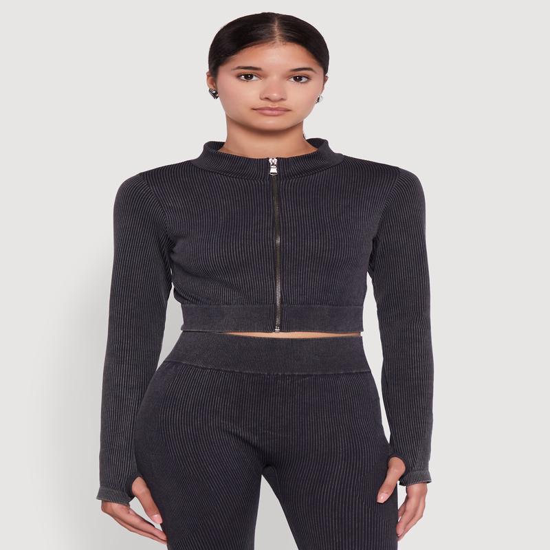 Seamless Ribbed Zip Front Cropped Track Jacket