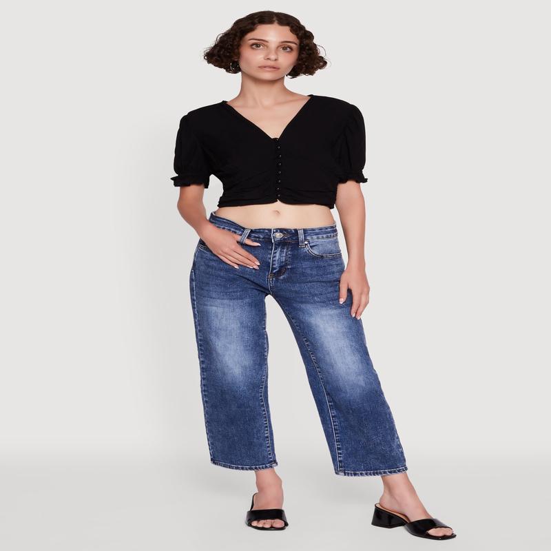 Trendy Puff Sleeve Button Front Peasant Crop Top
