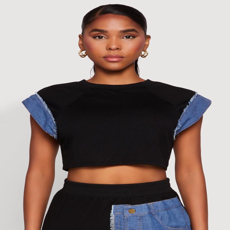 Denim Trim Cap Sleeve Crop Top
