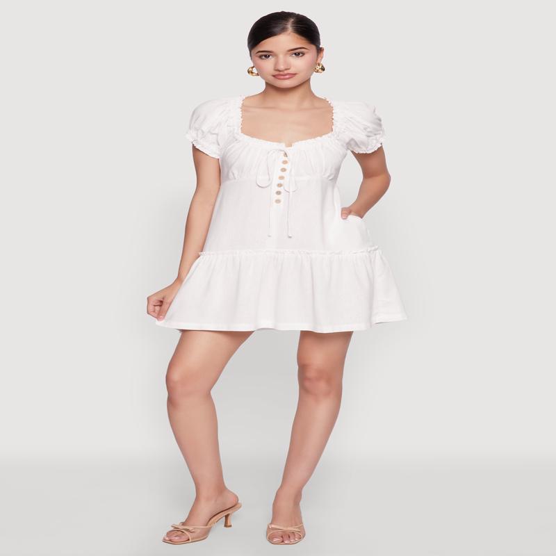 Square Neck Tie Front Mini Peasant Dress