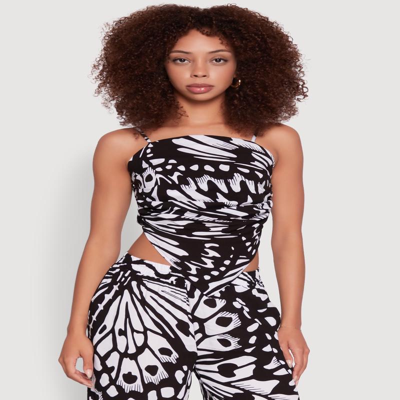 Trendy Abstract Butterfly Print Sleeveless Crop Top