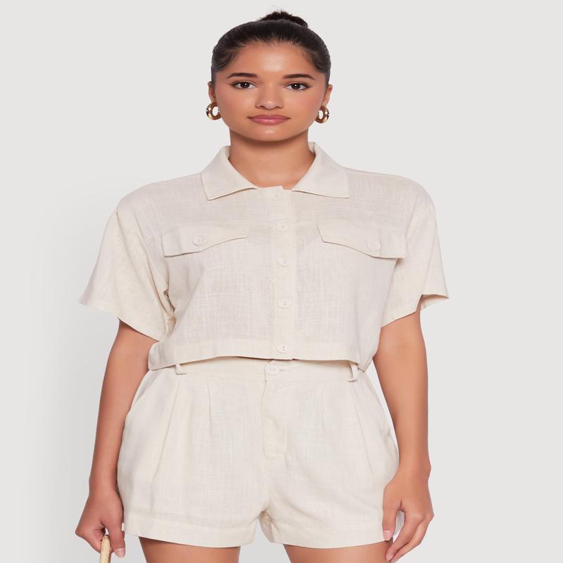 Trendy Linen Flap Detail Button Front Cropped Shirt
