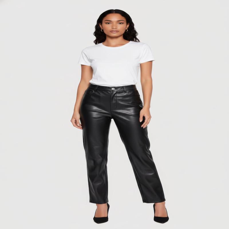 Faux Leather High Waisted Straight Leg Dress Pants