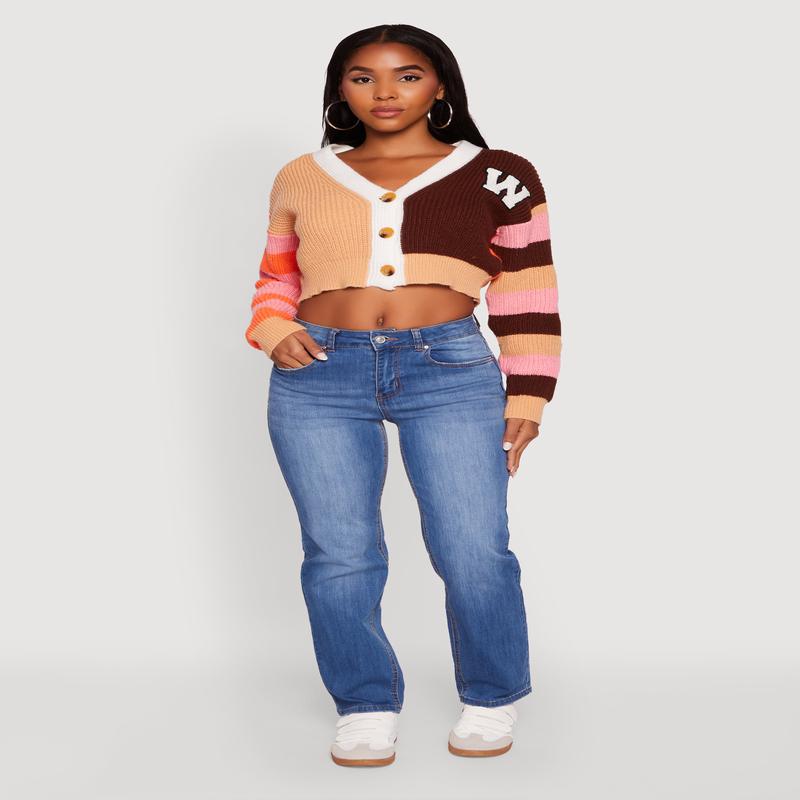 Daisy Color Block Patch Cropped Button Front Cardigan