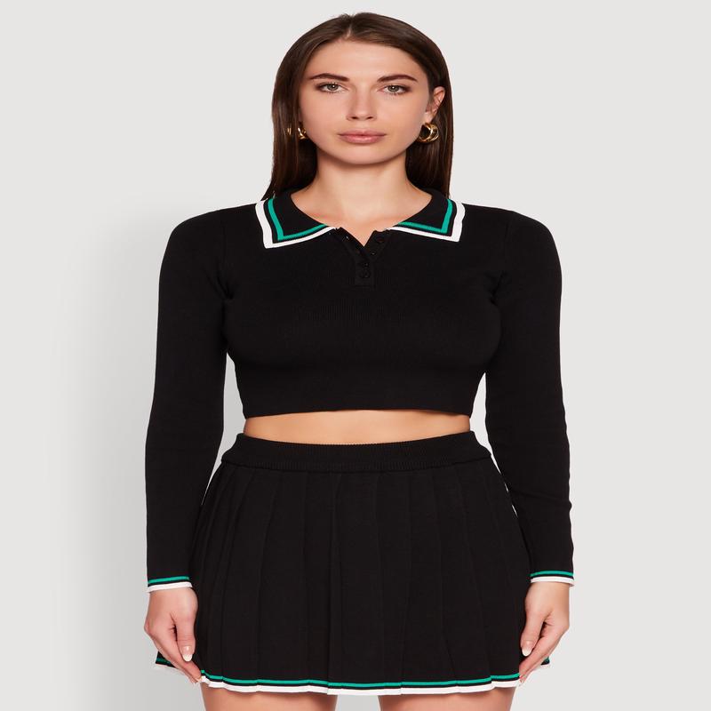 Daisy Contrast Trim Cropped Long Sleeve Polo Shirt