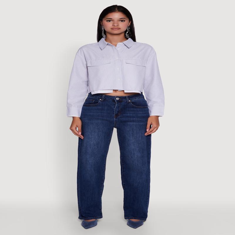 Striped Long Sleeve Button Front Cropped Shirt