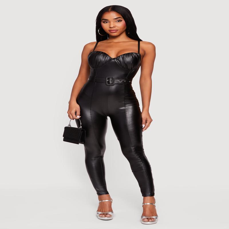 Faux Leather Belted Bustier Jumpsuit