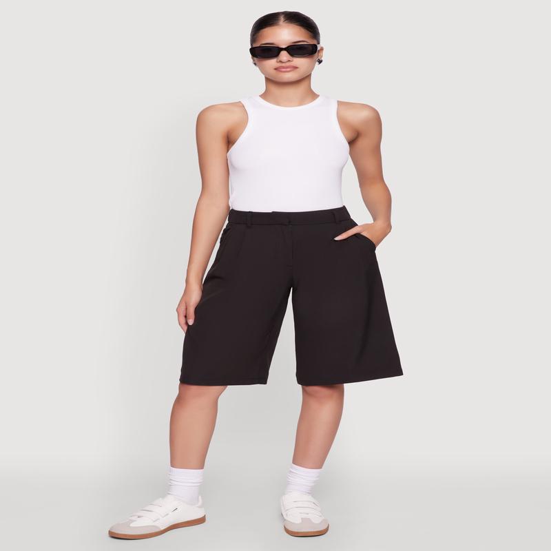 High Waisted Crepe Knit Tailored Bermuda Shorts