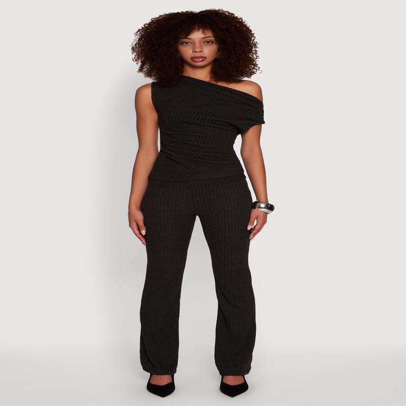 Ribbed Knit Solid Straight Leg Casual Pants