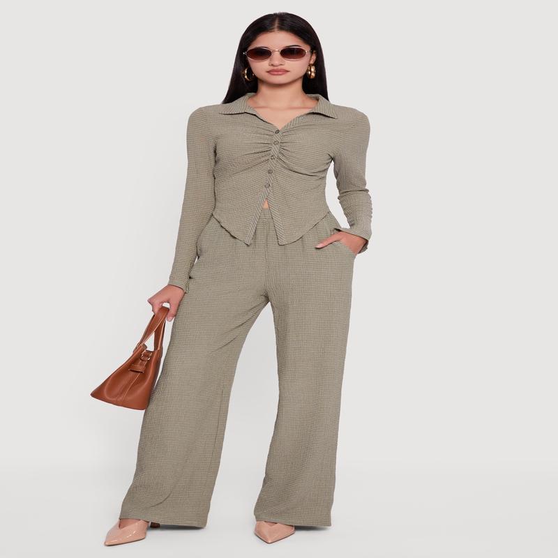 Seersucker High Waisted Pull On Straight Leg Pants