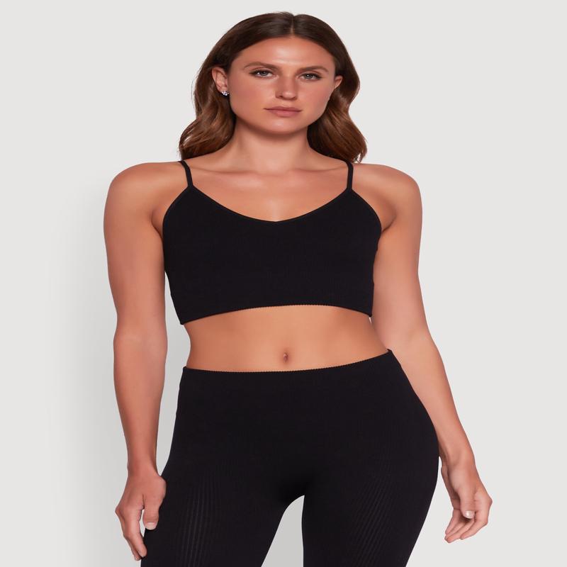 Stylish Ribbed Knit V Neck Sports Bra with Adjustable Straps