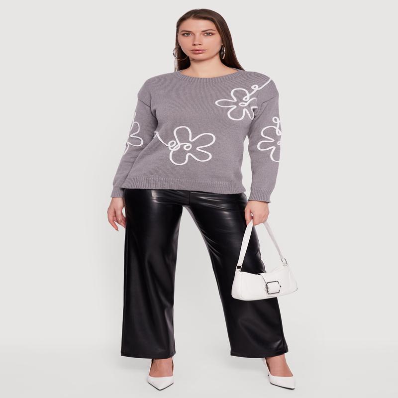 Drop Shoulder Floral Embroidered Sweater