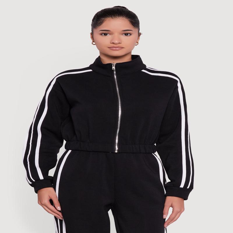 Contrast Trim Zip Front Mock Neck Sweatshirt