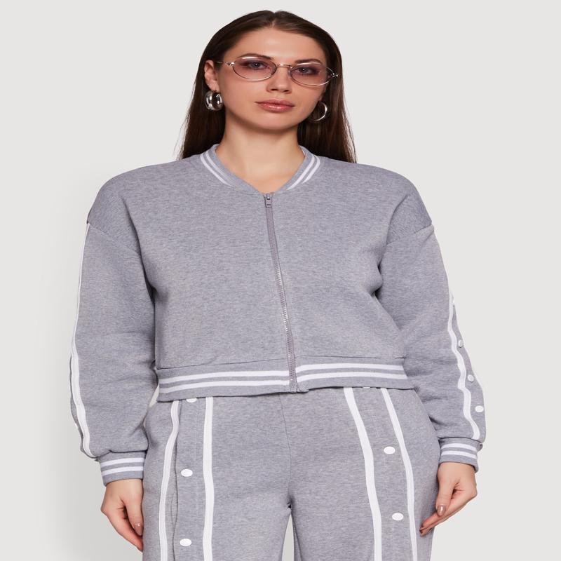 Mandarin Collar Varsity Stripe Zip Front Sweatshirt