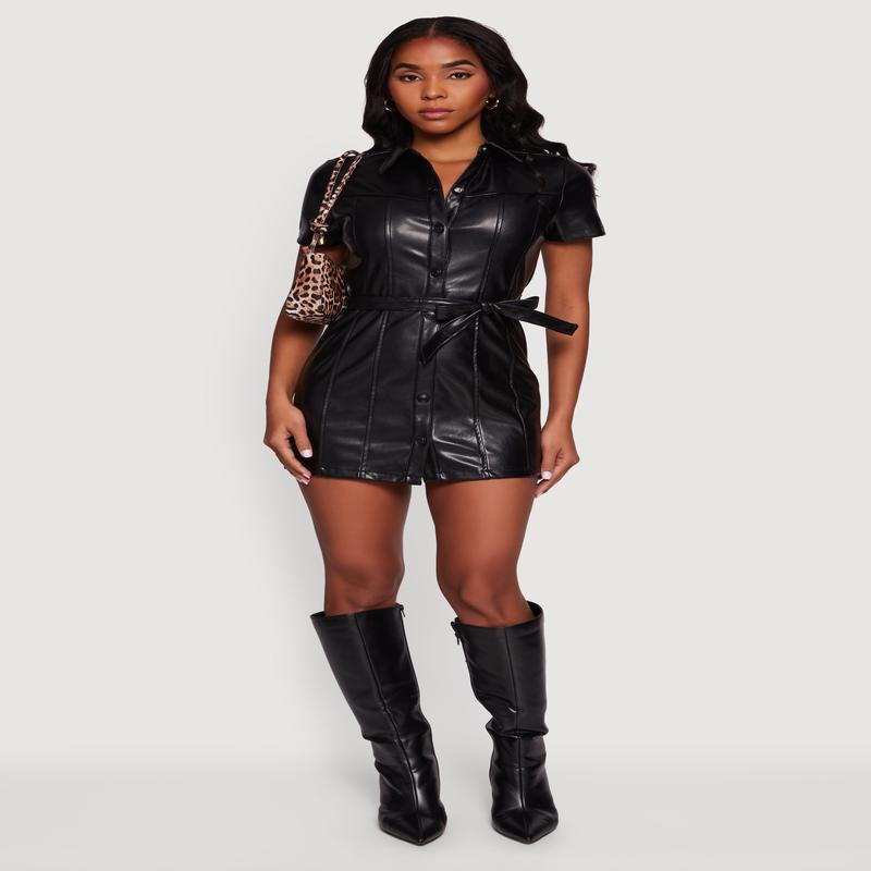 Faux Leather Tie Waist Belted Snap Button Front Dress