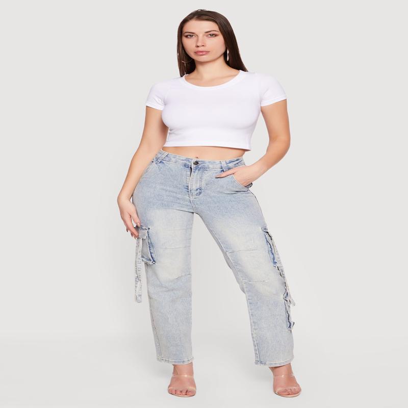 High Waisted Cargo Pocket Acid Wash Jeans