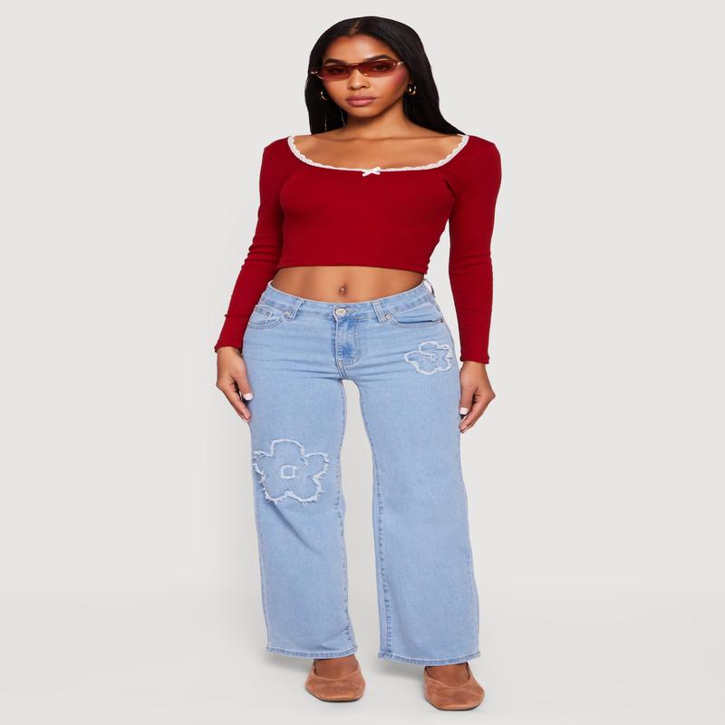 Lace Detail Scoop Neck Long Sleeve Crop Top