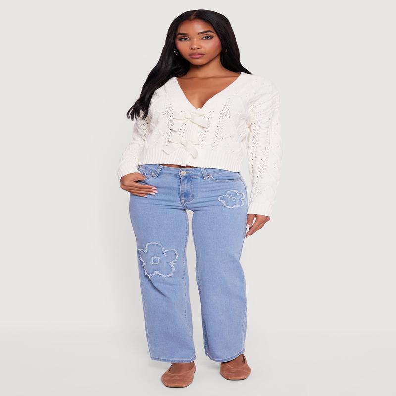 Chenille Cable Knit Long Sleeve Cardigan with Bows