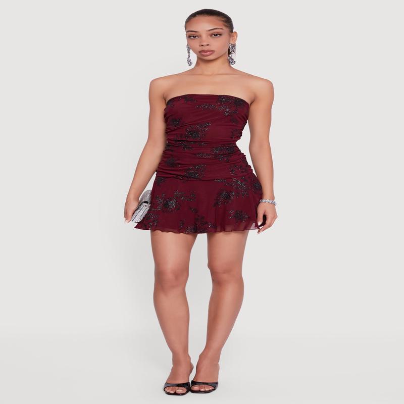 Glitter Floral Ruched Strapless Mini Dress