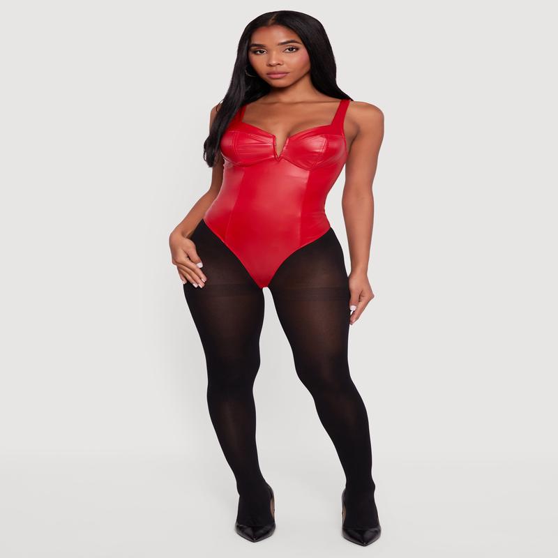 Leather Look Sleeveless Bustier Bodysuit