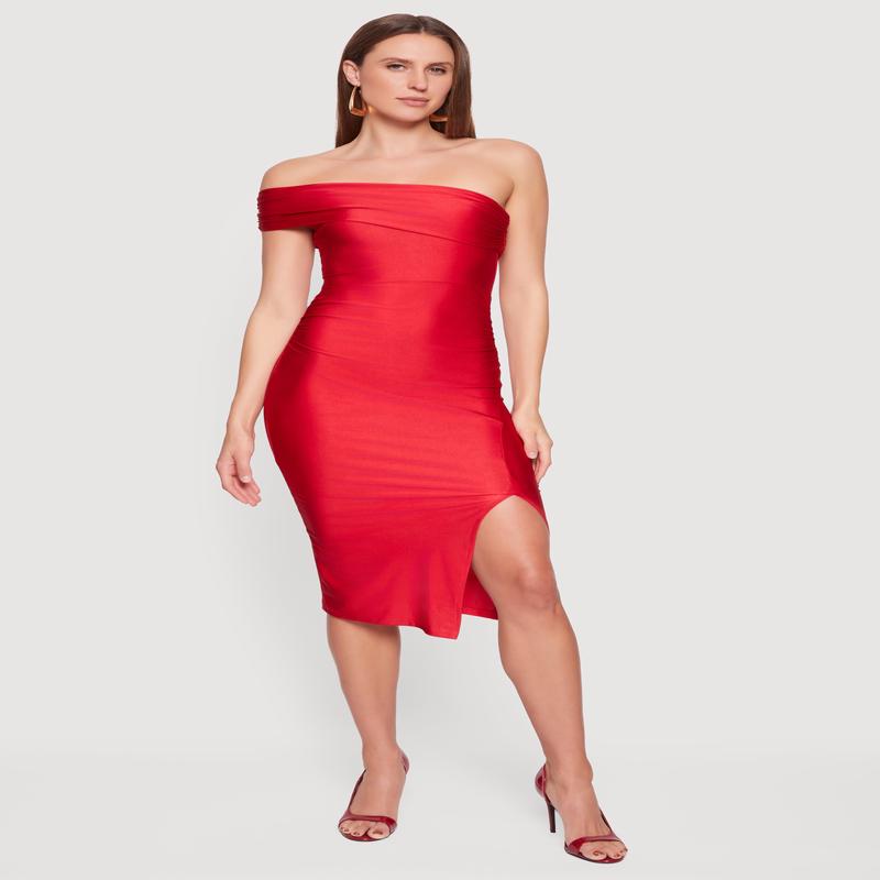 Off the Shoulder Ruched Midi Dress with Side Slit