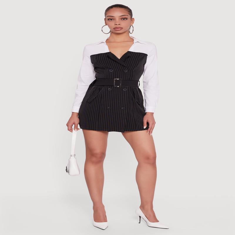 Pinstripe Belted Blazer Mini Dress with Shirt Collar