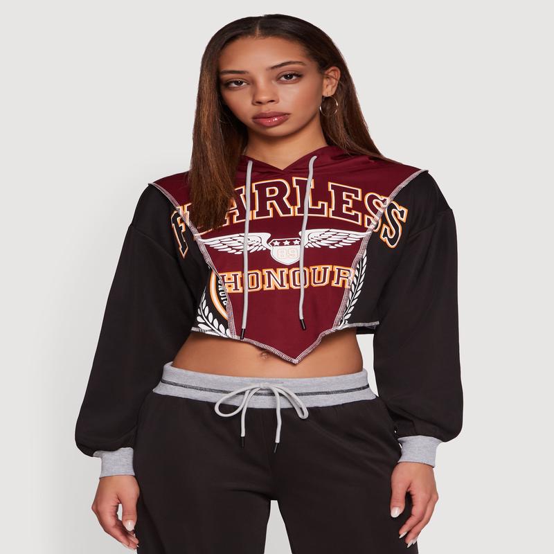 Fearless Graphic Color Blocked Cropped Hoodie