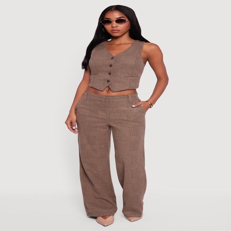 Houndstooth Plaid Straight Leg Dress Pants