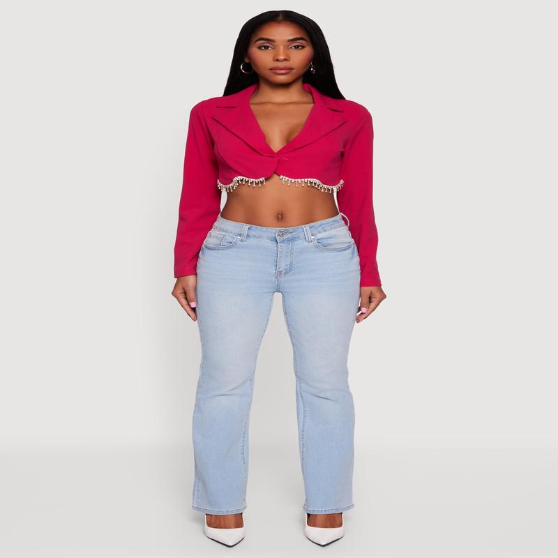 Rhinestone Trim Copped Crepe Knit Blazer