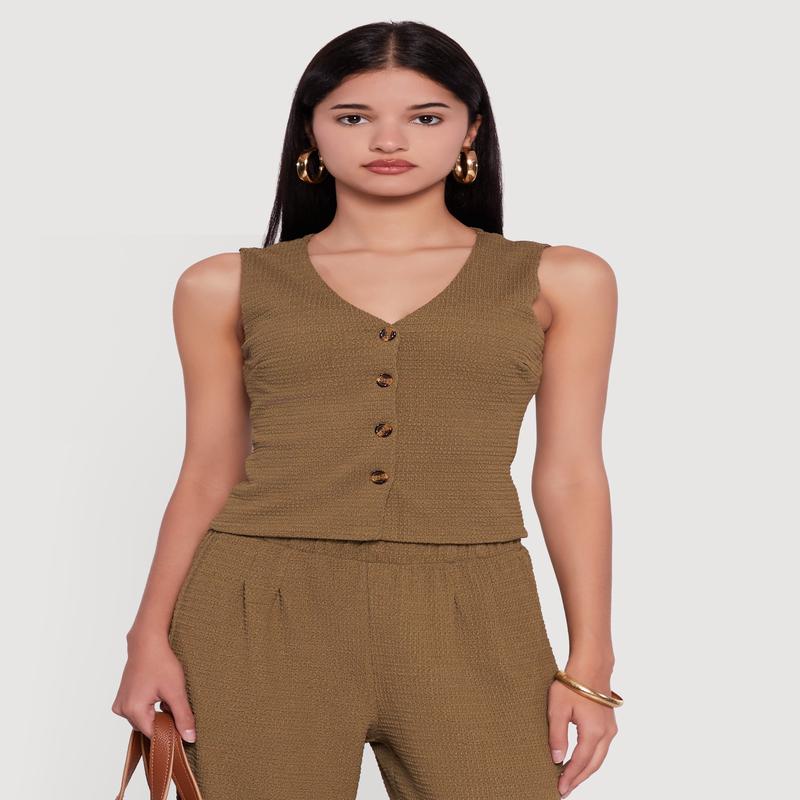 Textured Knit Button Front Vest