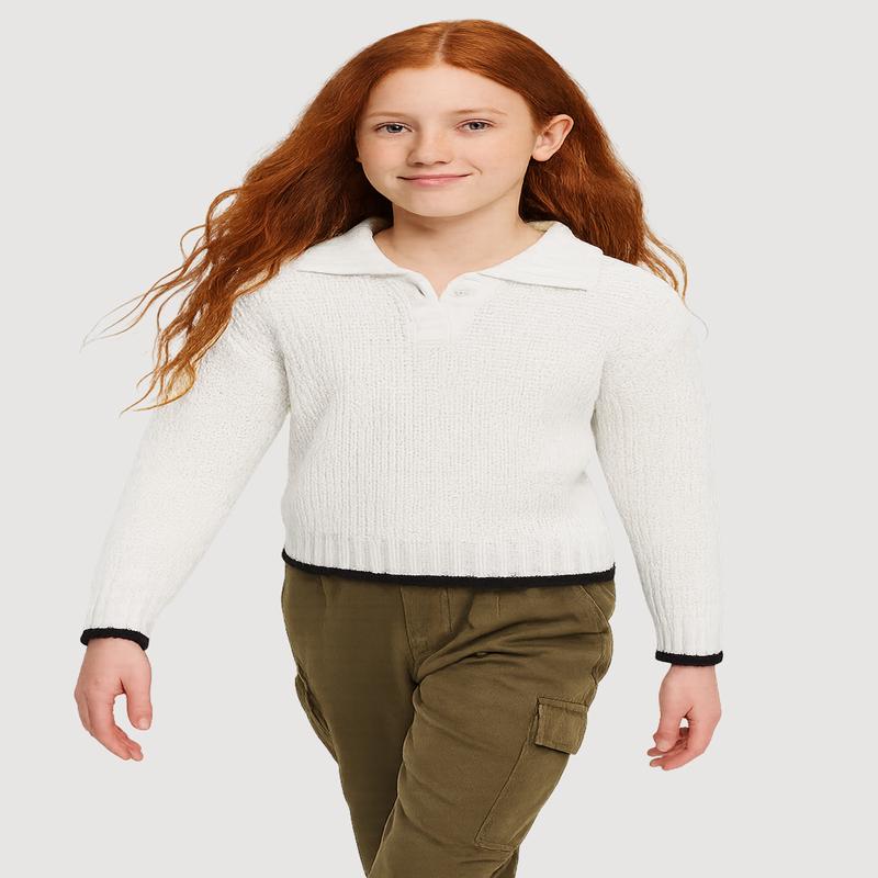 Girls Long Sleeve  Contrast Trim Polo Sweater