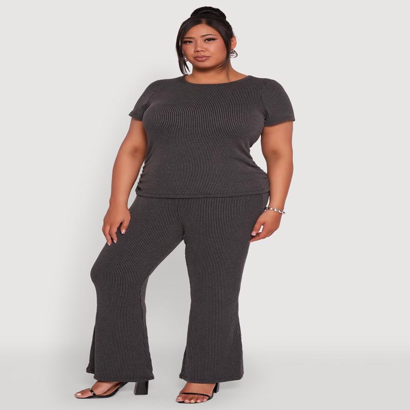 Plus Size High Waisted Ribbed Knit Flare Leg Pants