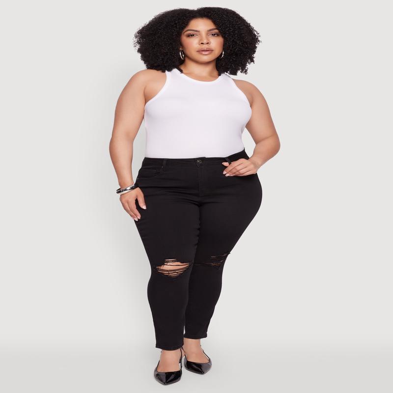 Plus Size WAX Whiskered High Waisted Distressed Skinny Jeans