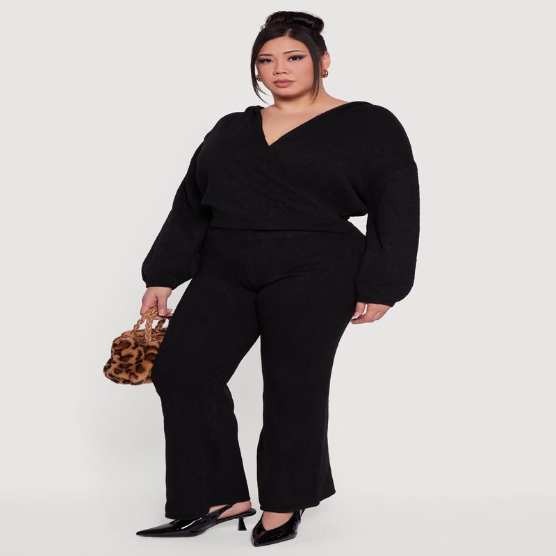 Plus Size Almost Famous Brushed Knit Flare Leg Pants