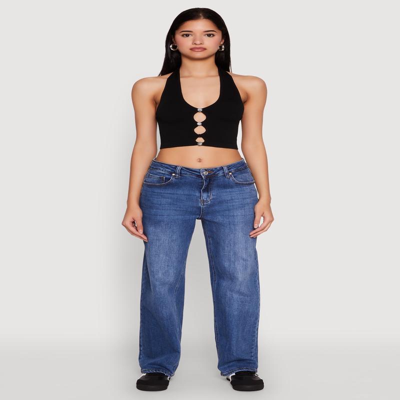 Button Front Cut Out Halter Neck Crop Top