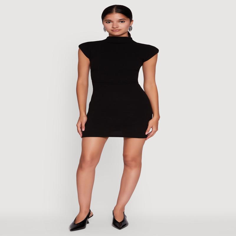 Brushed Ribbed Knit Mock Neck Dolman Cap Sleeve Dress