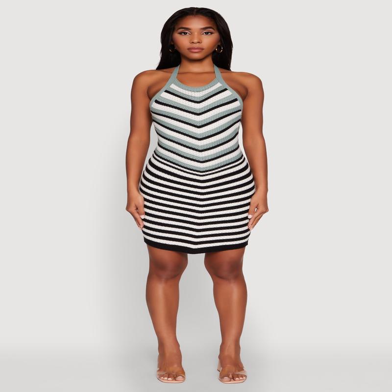 Trendy Crochet Chevron Halter Bodycon Dress