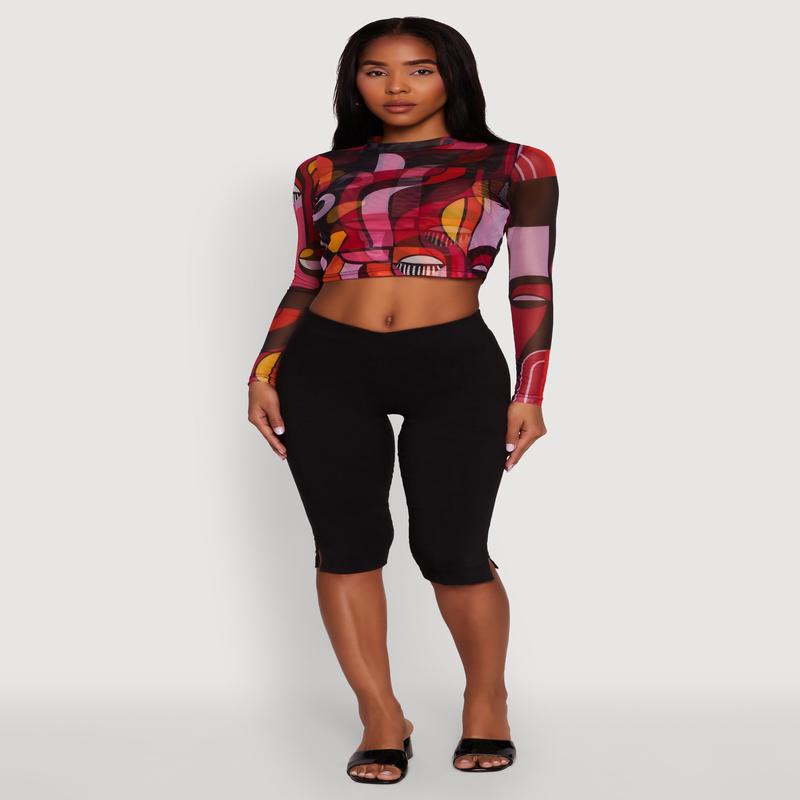 Trendy Mesh Sheer Long Sleeve Crop Top with Printed Pattern