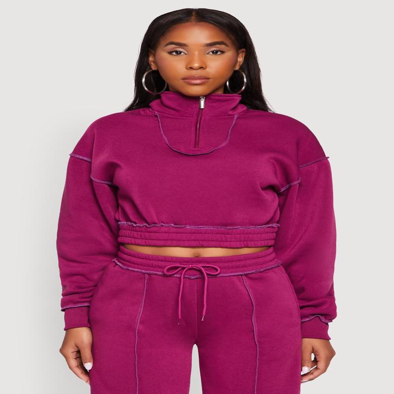 Mock Neck Half Zip Cropped Pullover Sweatshirt