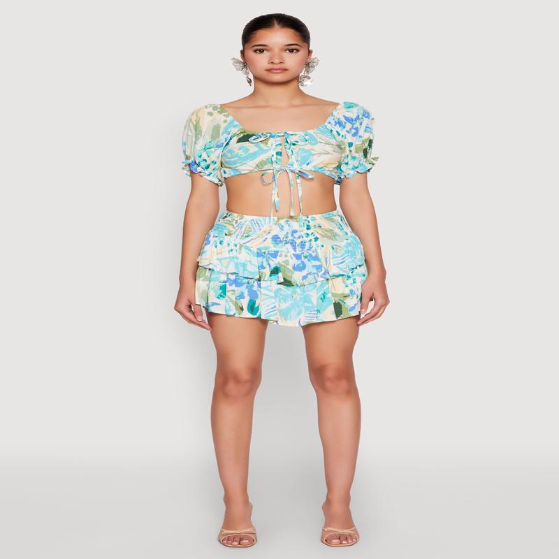 Printed Smock Waist Tiered Skort