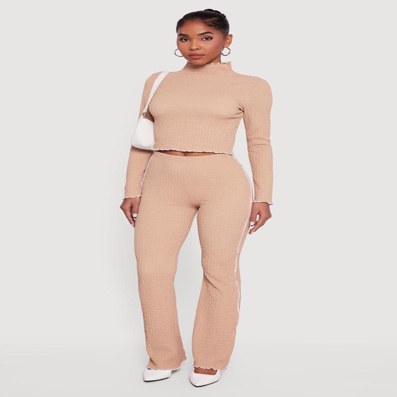 Textured Knit Contrast Trim Pull On Flare Pants