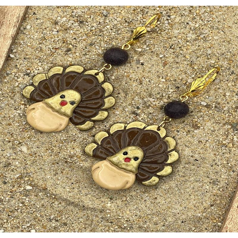 Holiday Golden Brown Turkey Dangle Earrings