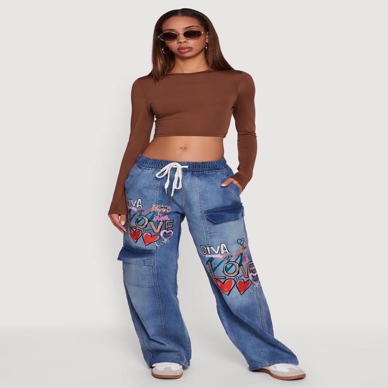 Trendy Graffiti Graphic Drawstring Waist Jeans