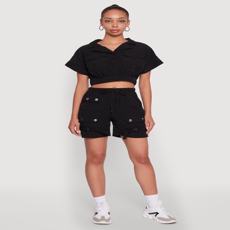 Dolman Sleeve Button Front Shirt Collar Crop Top