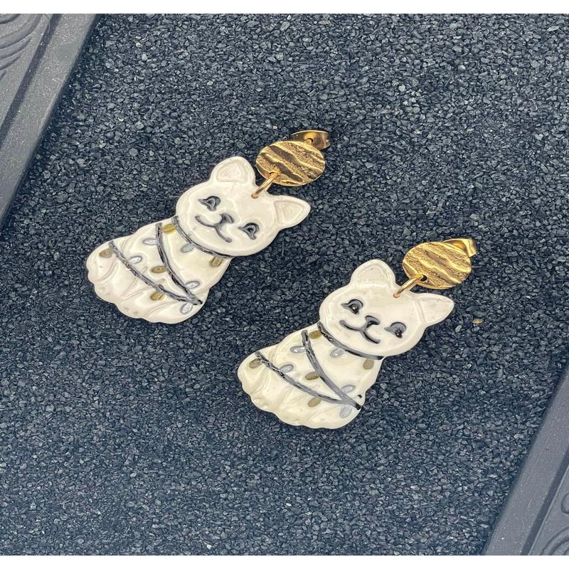 Holiday Cat Wrapped in Lights Earrings - Gold